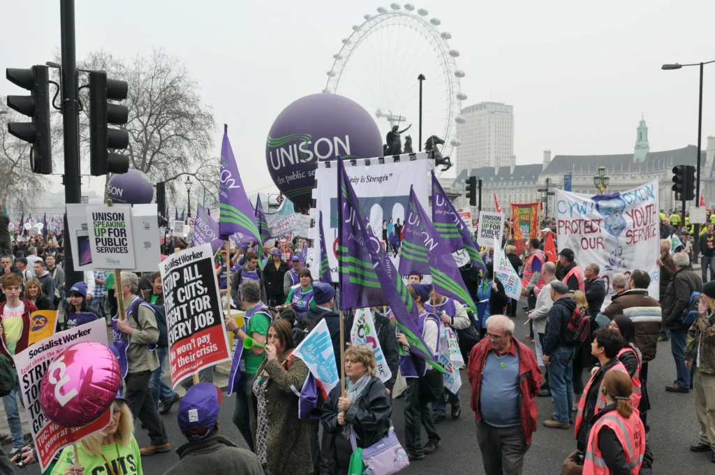 People walking in a Trade Union March in London